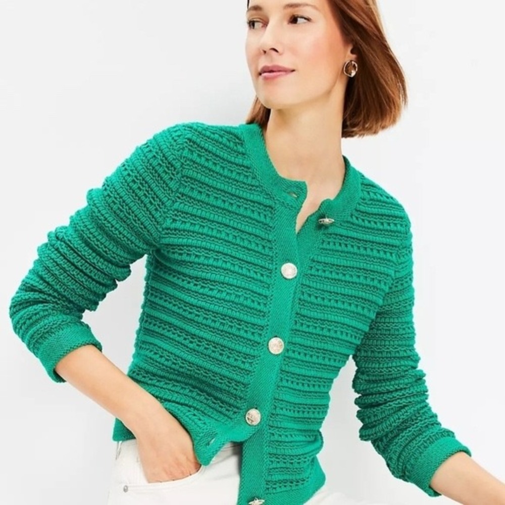 LOFT | 2024 Cardigan Sweater Large Green Textured Knit Gold Button Lady Jacket - Picture 2 of 12